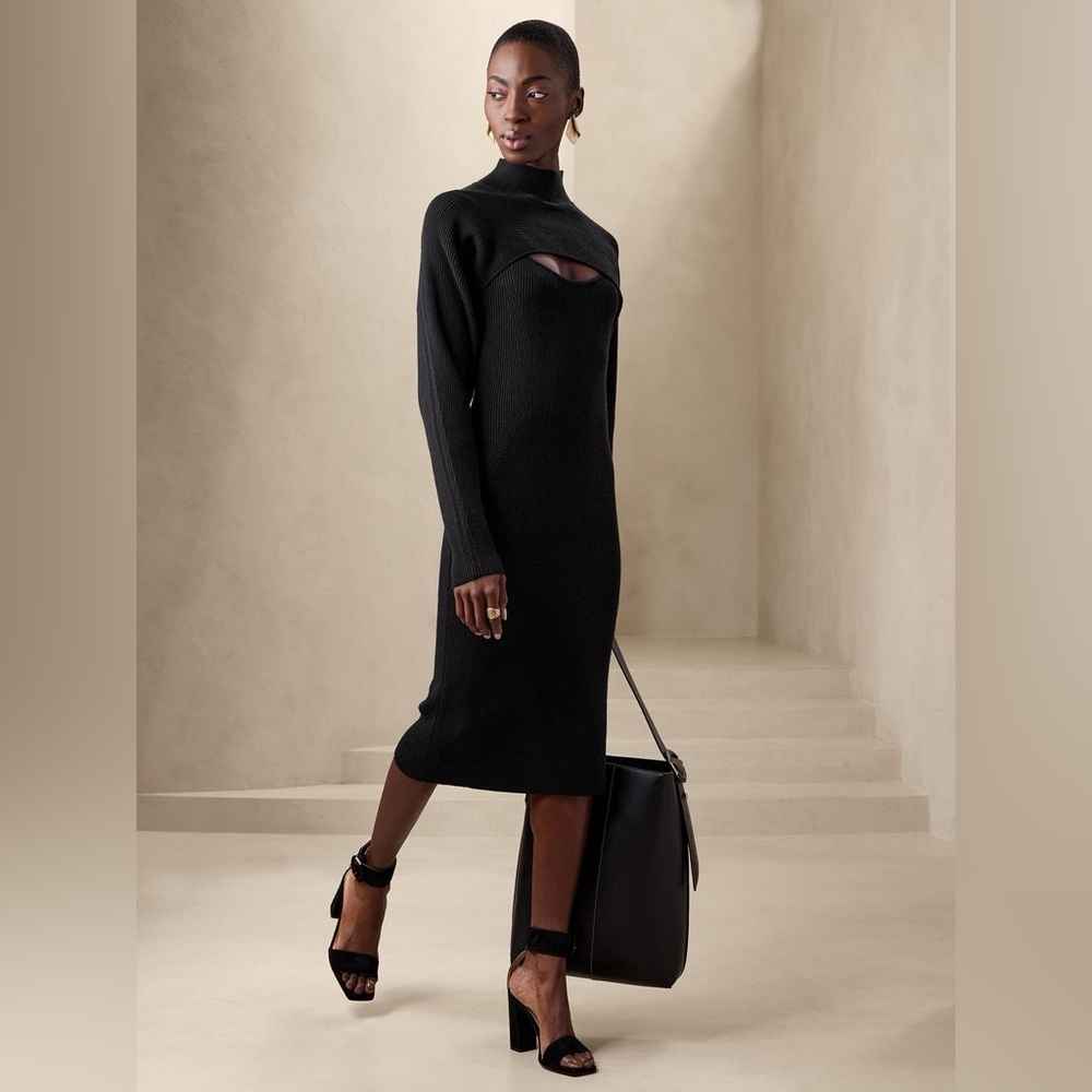 Banana Republic Asti Black Ribbed Sweater Dress with Shrug